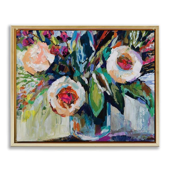 Stupell Industries Modern Fiesta Flowers by Jeanette Vertentes Gold Floater Frame Nature Graphic Art Print 17 in. x 21 in.