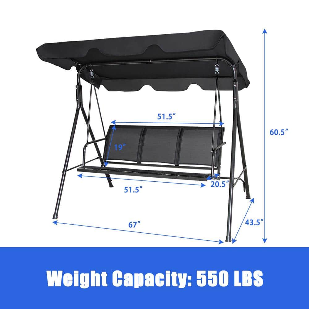 Black Powder Coated Steel 3-Person Outdoor Patio Swing with Adjustable Canopy