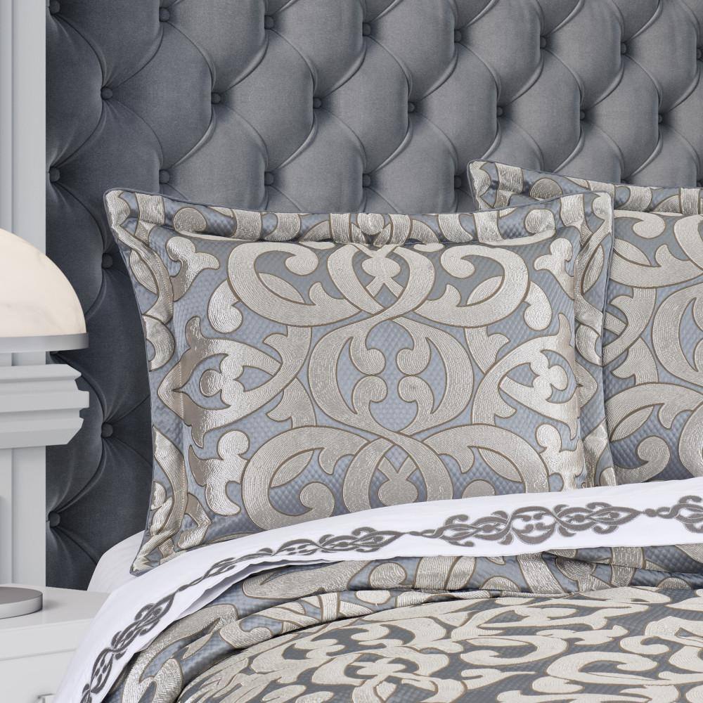 Queen Blue and Silver Microfiber Comforter Set with Gathered Embellishment