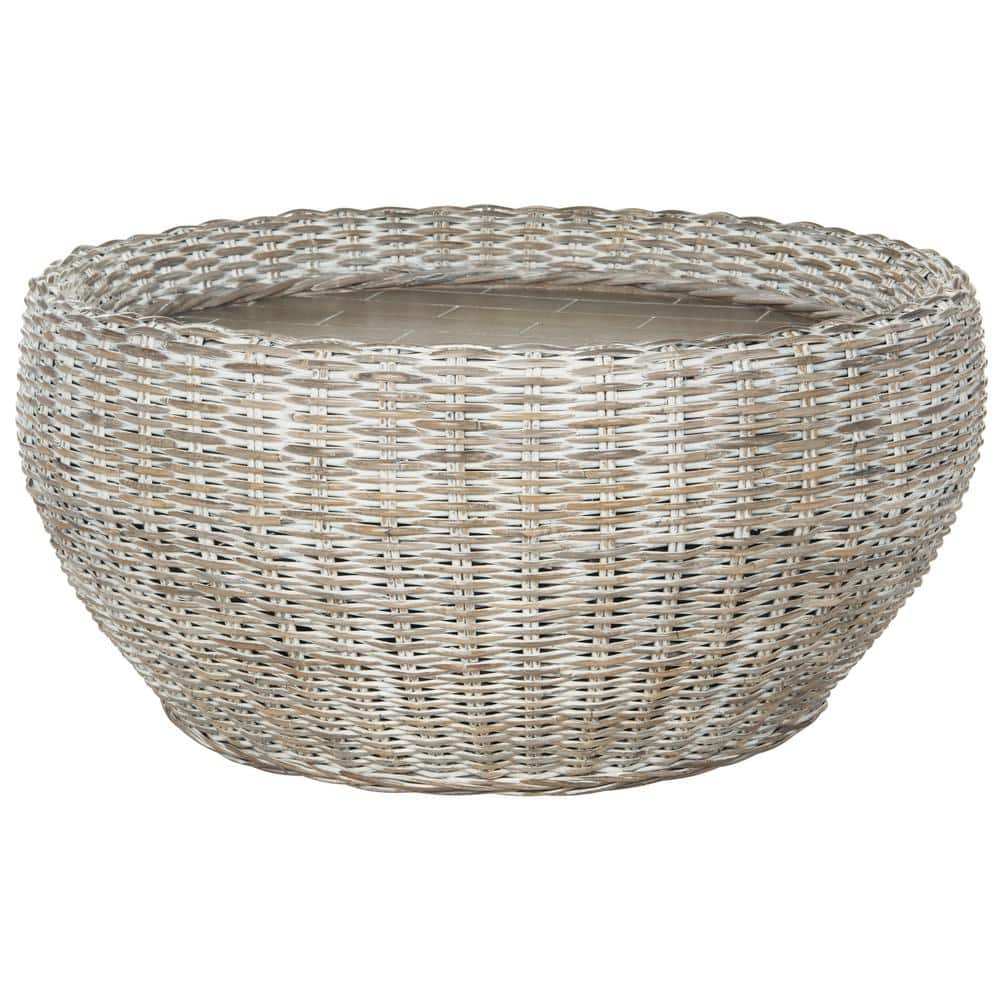 Grey White Wash Mango Wood Drum Cocktail Table