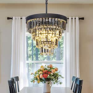 3-Light 13in Modern Small Tiered Crystal Chandelier in Matte Black for Dining Room