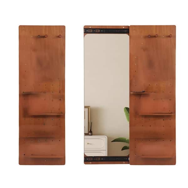 Unbranded New Walnut 47.64 in. W x 15.75 in. H Wall Mounted Rectangle Wood Framed Mirror, Full Mirror with 4-Shelves, 4-Hooks