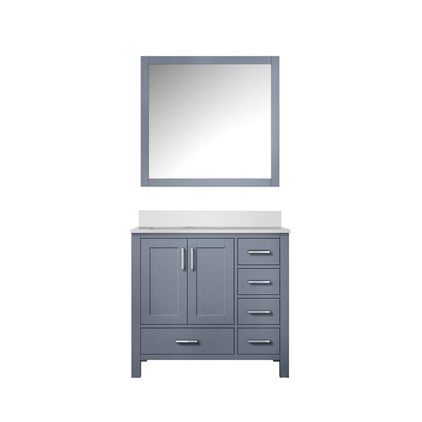 Jacques 36 in. W x 22 in. D Left Offset Dark Grey Bath Vanity, White Quartz Top, and 34 in. Mirror