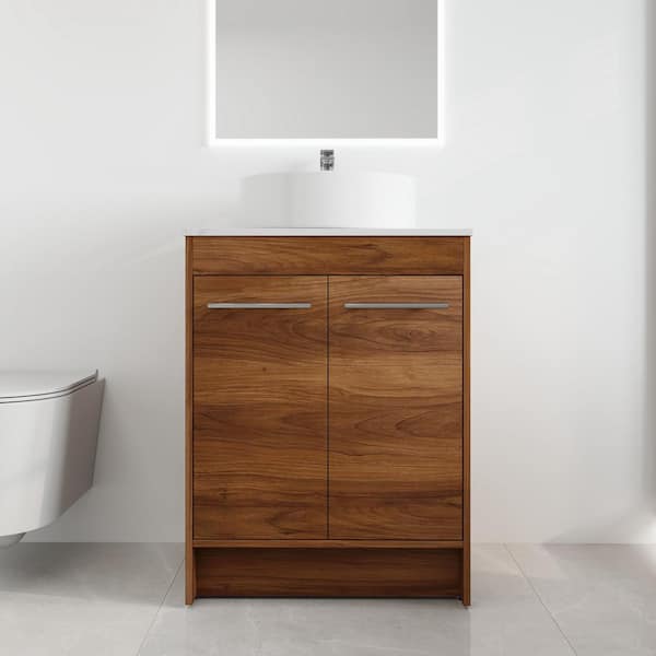 ARTCHIRLY 23.6 in. W x 18.9 in. D x 35.7 in. H Brown Freestanding Bath Vanity with White Ceramic Vanity Top