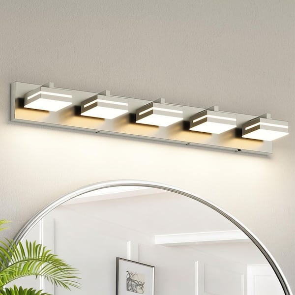 JUSHENG 33.86 in. 5-Light Nickel LED Bathroom Vanity Light with 5