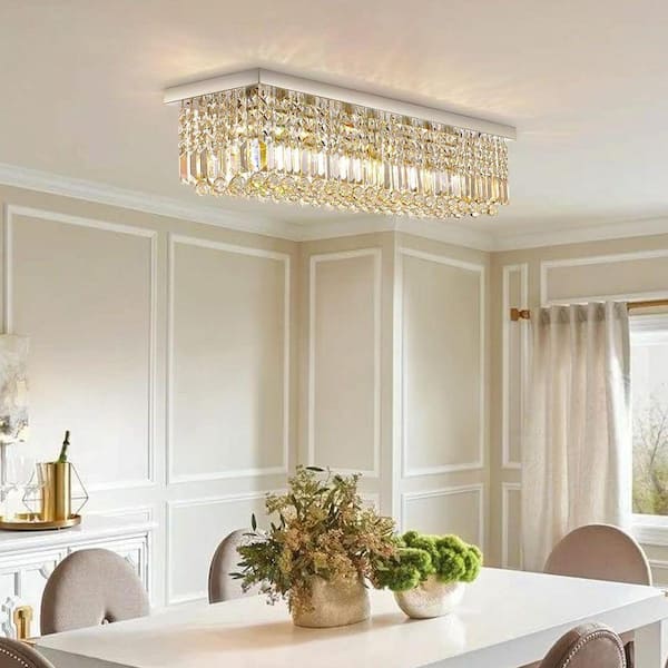 40 in. 8-Light Brushed Silver Crystal Rectangular Chandelier for Living Room