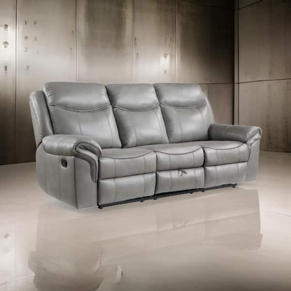 Benjara 88.5 in. Pillow Top Arm Faux Leather Rectangle Manual Recliner Sofa in Gray