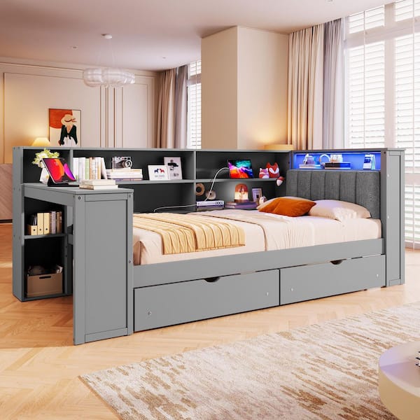 Grey Twin Size Upholstered Daybed with Storage Shelves, Drawers, Charging Station, LED and Desk