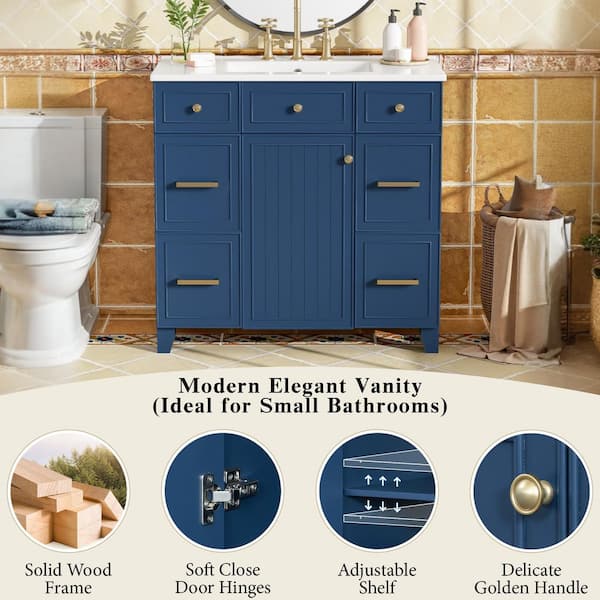 ゆゆ Virubi 36 in. W Single Sink Bath Vanity in Navy Blue with