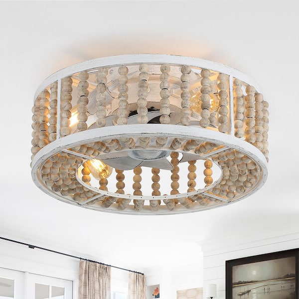 Oaks Aura Banff 20 in.Indoor Boho Beaded Wood 4-Light Farmhouse White Ceiling Fan with Lights, Low Profile Ceiling Fan with Remote