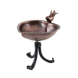 9 in. Dia Antique Copper Heart Shaped Birdbath Bowl with Tripod Stand