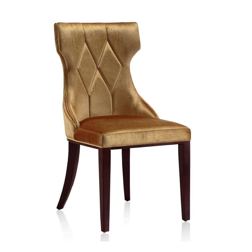 Antique Gold and Walnut Velvet Wingback Dining Chair Pair