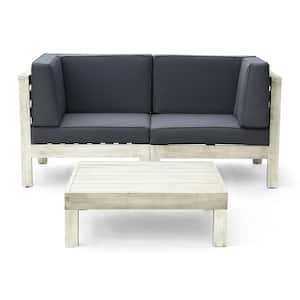 Brava Weathered Grey 3-Piece Wood Patio Conversation Seating Set with Dark Grey Cushions