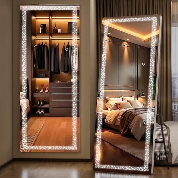 Vosuja 16 in. W x 56 in. H LED Full-Length White Frame Mirror with Triangle Pattern, Wall Mounted Mirror Dimming, 3 Color Modes