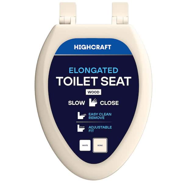 Elongated Slow-Close Toilet Seat with Adjustable Hinges and Easy Removal in Bone Molded Wood, Standard Size Fit