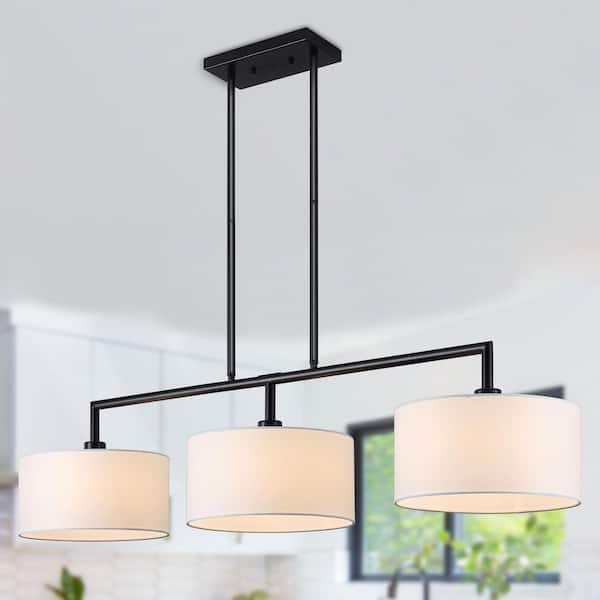 3-Light 47 in. Matte Black Modern Linear Kitchen Island Pendant With White Drum Shade For Dining Room, No Bulbs Included