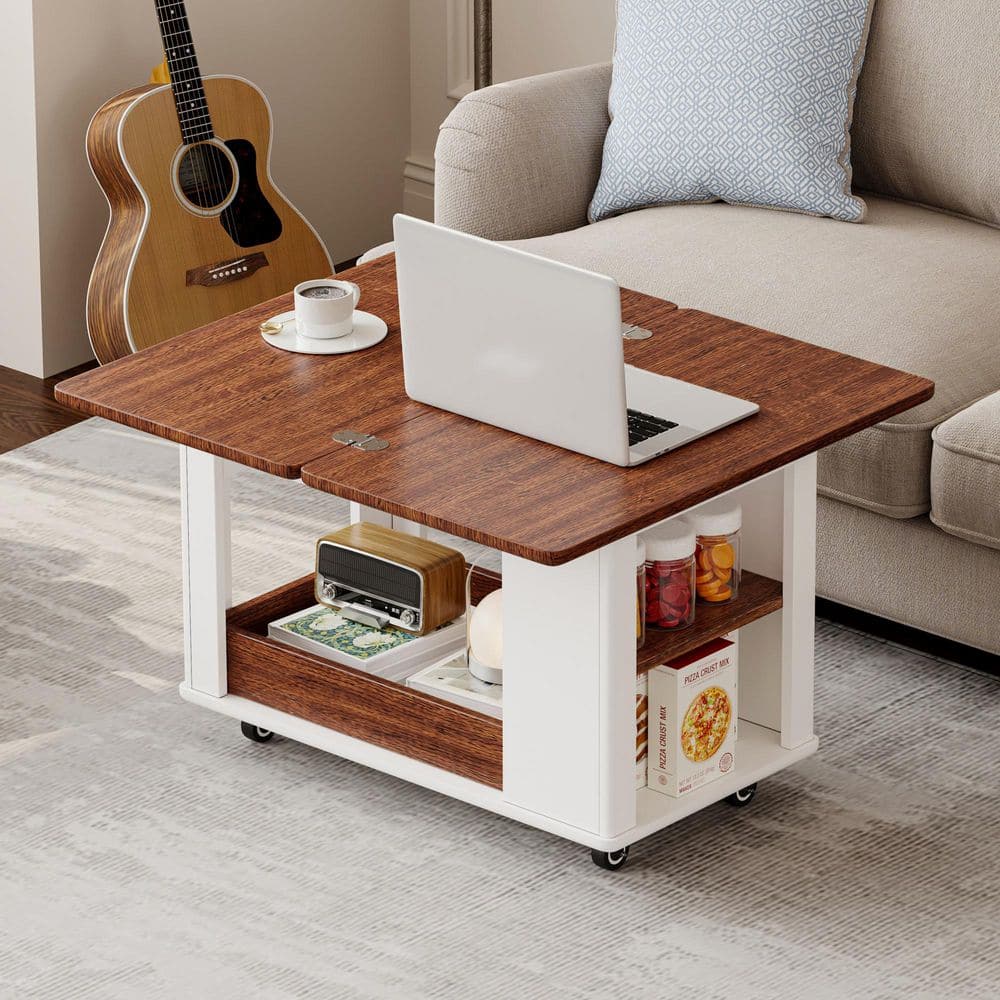 27.6 in. Brown White Rectangle MDF Coffee Table with Foldable Top and Casters