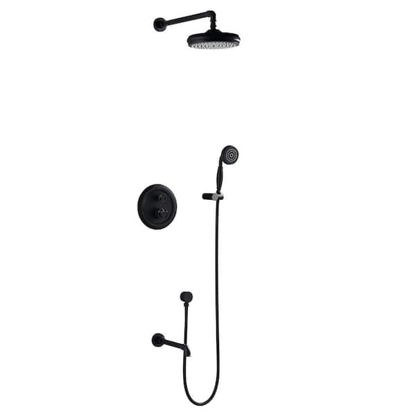 FLG Double-Handle 1-Spray Tub and Shower Faucet 1.8 GPM Brass 8 in Wall Mount Shower System in Matte Black Valve Included