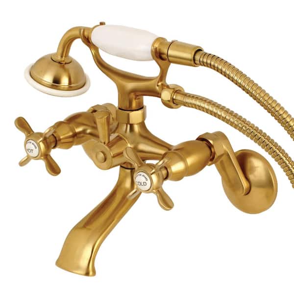 Kingston Brass Victorian 3-Handle Wall Claw Foot Tub Faucet with Handshower in Brushed Brass