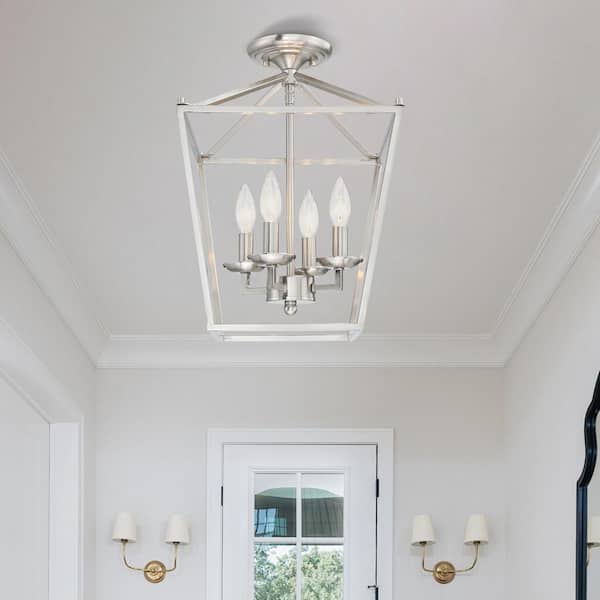 Wispfire 4-Light Indoor Brushed Nickel Modern Chandelier Light with Caged Metal Shade, Semi Flush mount, E12 Lamp holder