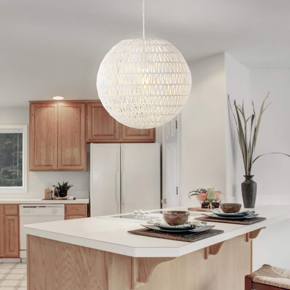 White Woven Rattan Orb LED Pendant Light