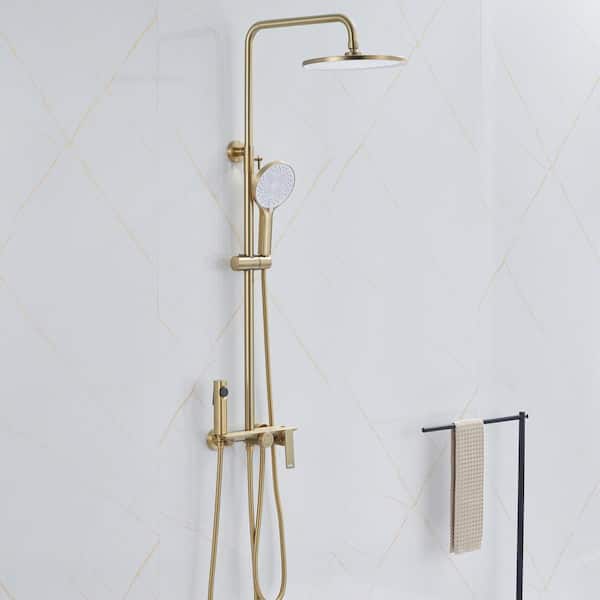 4-Spray Multi-Function Wall Bar Shower Kit with Tub Faucet and Spray Gun in Brushed Gold