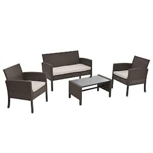 Brown 4-Piece Wicker Patio Conversation Set with Coffee Table and Beige Cushion for Backyard, Garden and Poolside