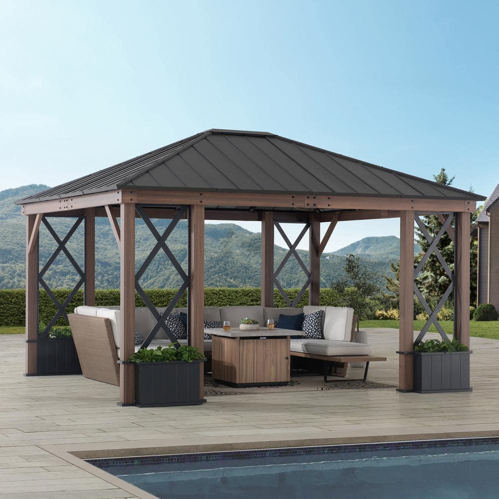 13 ft. x 15 ft. Black Steel Roof Gazebo with Aluminum Frame and Planters