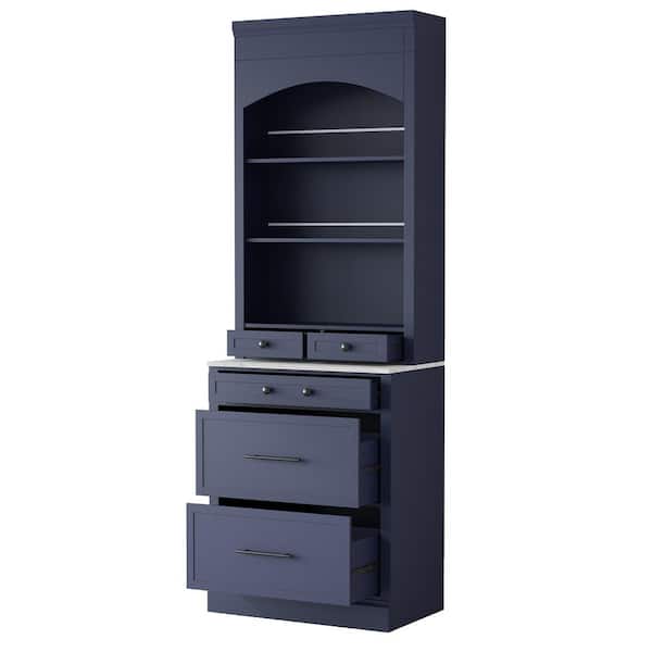 Blue 75.25 in. Accent Cabinet, Pantry Cabinet with Faux Marble Top, 5 Storage Drawers and Adjustable Shelf