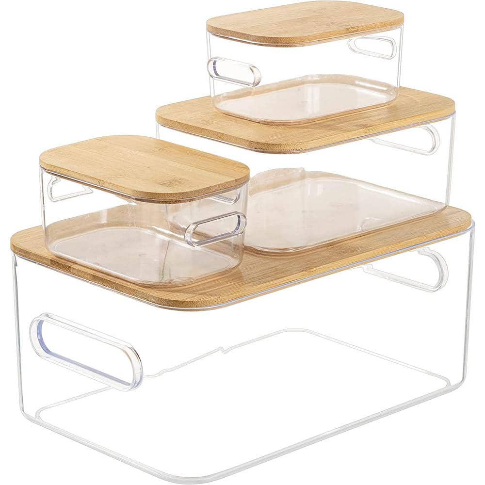Plastic Storage Containers with Bamboo Lids, Medicine Cabinet Organizer  Drawer Organizers Clear Bins with Lids for Organizing Pantry or Bathroom -  4.5 Inches Tall - Set Of 4