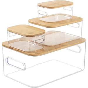 4-Bin Clear/Plastic Pantry and Fridge Organizer with Bamboo Lids