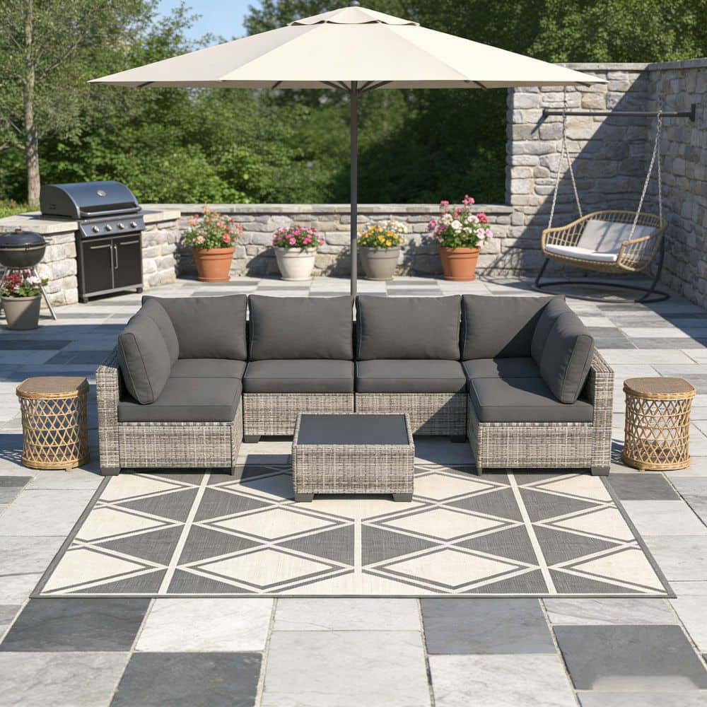 7-Piece Gray Wicker Patio Conversation Set with Dark Gray Cushions, Coffee Table price history on PriceWatchPro