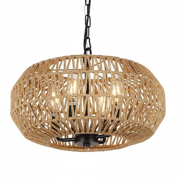 Boho 4 light Matte Black Hand Woven Rattan Drum Round Pendant Chandelier for Dining Room Foyer No Bulbs Included