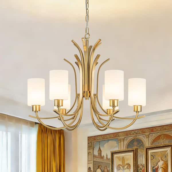Clover 6-Light Brass Classic Transitional Modern Chandelier with Straight Opal Glass shade for Dining Room
