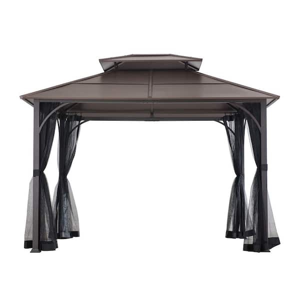 Atasha 10 ft. x 12 ft. Brown Steel Gazebo with 2-Tier Hip Roof Hardtop with Mosquito Netting