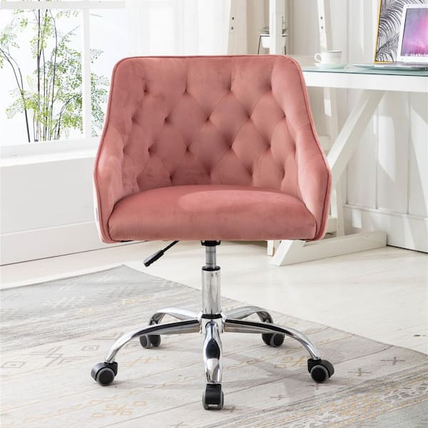 ANBAZAR Pink Velvet Upholstery Swivel Chair with 5 Wheels Modern