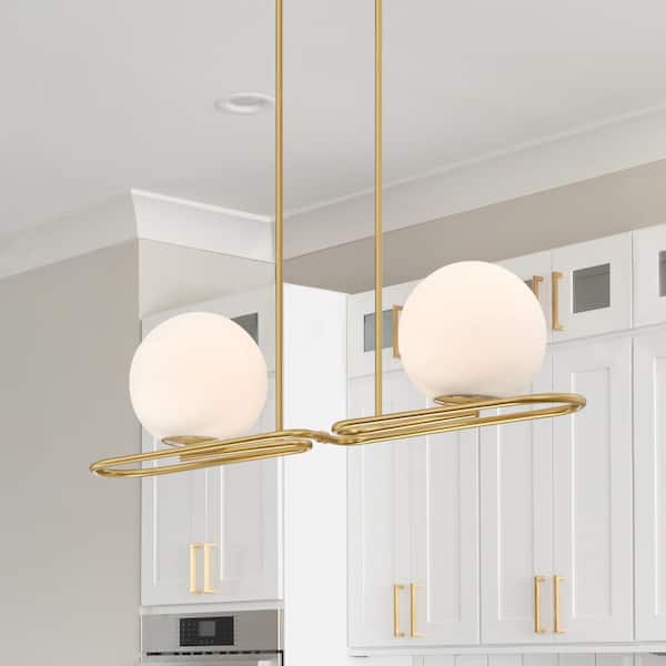 Litho 2-Light Brushed Gold Mid-century Linear Chandelier for Kitchen Islands with No Bulbs Included