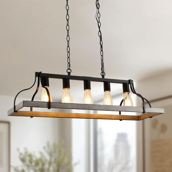 5-Lights Rustic Wood Gray Chandelier Kitchen Island Pendant Light with E26 Base for Kitchen Dining Room No Bulb Included