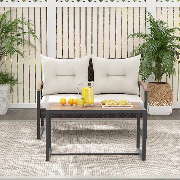 Boyel Living 2 Pieces Patio PE Wicker Patio Conversation Set with Acacia Wood Coffee Table-White