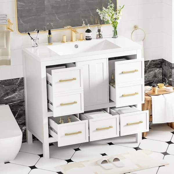 36 in. Single Sink Freestanding White Bath Vanity with White Resin Top and 5 Drawers Storage Door Cabinet Unassembled