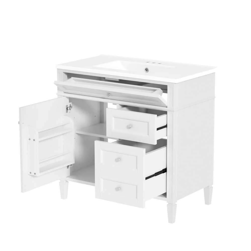 36 in. Single Sink Freestanding White Bath Vanity with White Ceramic Top Unassembled