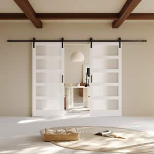 72 in. x 84 in. 5-Lite Tempered Frosted Glass White MDF Finished Double Sliding Barn Door Slab with Hardware