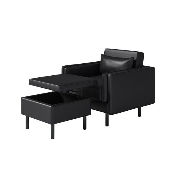 JAYDEN CREATION Harald Black Modern Leather 35" Wide Armchair with Lift-top Storage Ottoman