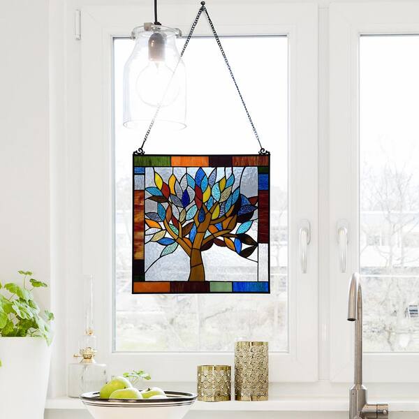 Multi Stained Glass Mystical World Tree Window Panel 