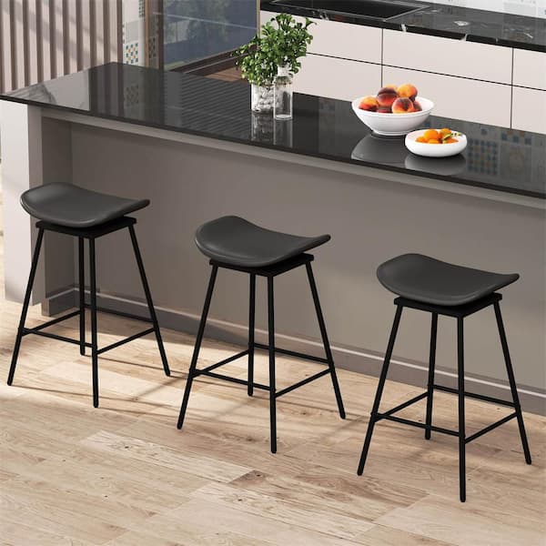 28 in. H Black Backless Metal Swivel Bar Stools with Faux Leather Set of 4 Upholstered Bar Height Chairs