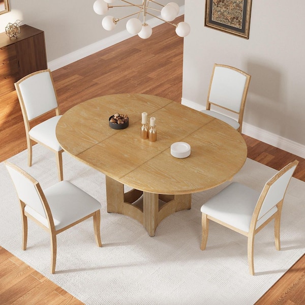 Retro 5 Piece Extendable Round Natural Wood Top Dining Table Set Seats 4 with 16" Removable Leaf, 4 Beige Linen Chairs