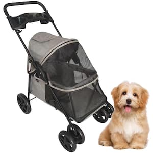 Single 4 Wheel Pet Stroller with Storage Basket in Grey