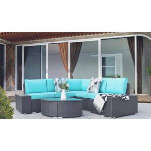 6-Piece Wicker All-Weather Outdoor Sectional Sofa Set with Blue Cushions and Glass Coffee Table, Patio Conversation Set
