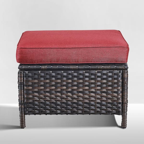 Opohoro ArcoBay Metal and Brown Wicker Outdoor Ottoman with Olefin Red Cushion (2-Pack)