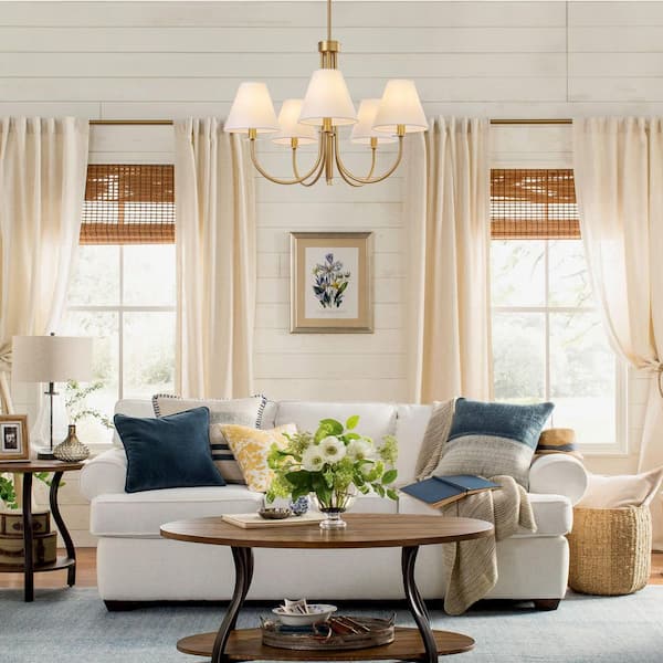 5-Light Dimmable Classic / Traditional Gold Chandelier with White Fabric Shade for Dining Room
